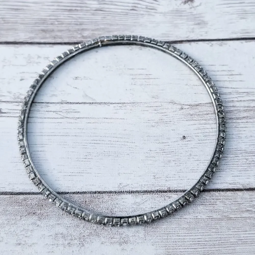 Clear Gem Bangle Bracelet - Tarnished Metal